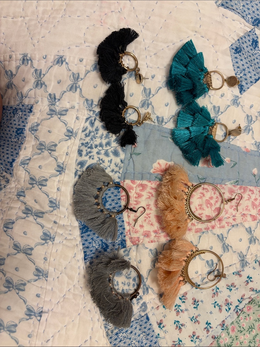 Fringed Tassel Hoop Earrings - Teal, Black, Gray, Peach